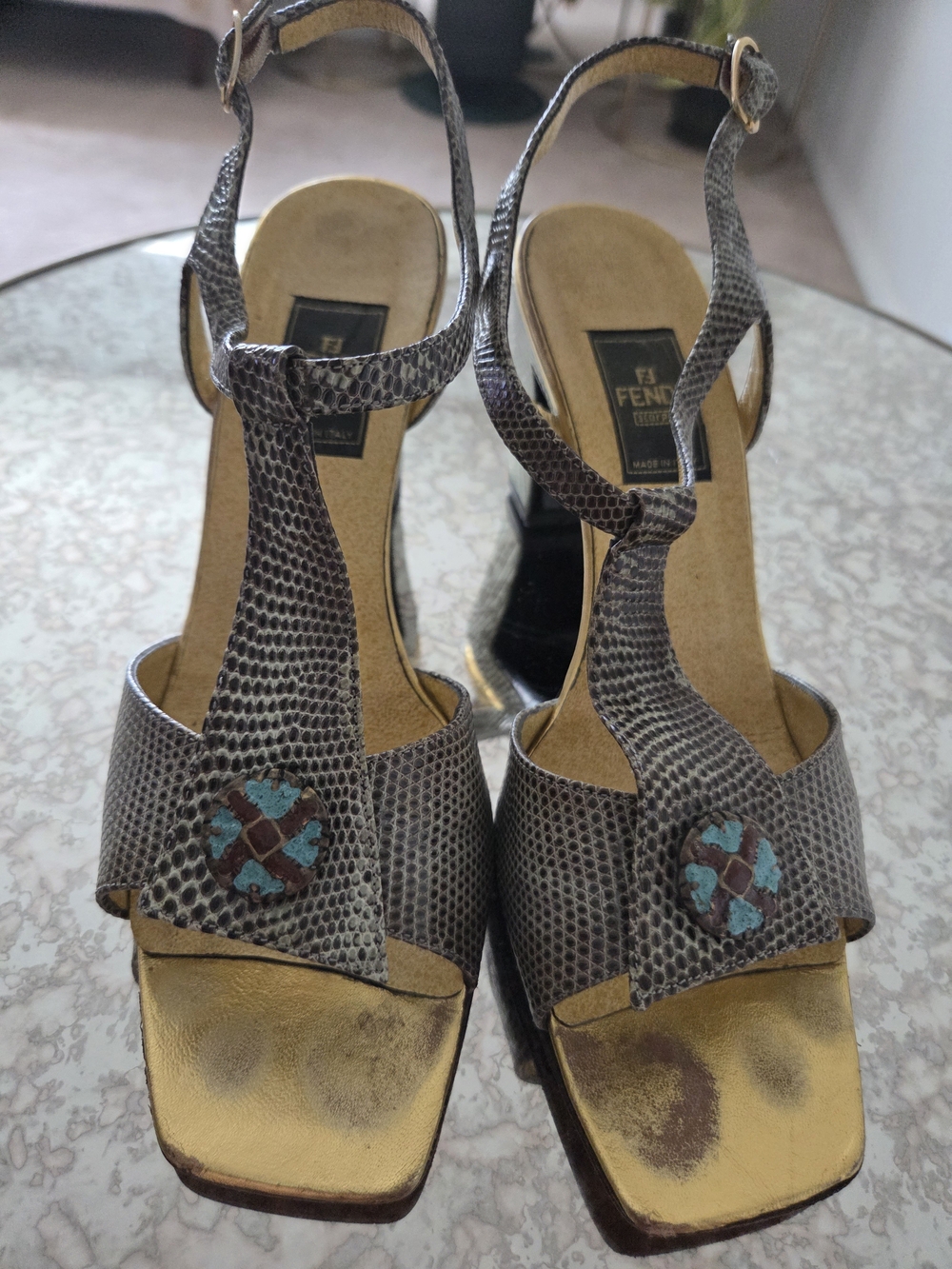 Fendi Gold Metallic & Lizard T-Strap Heels with Turquoise Emblem